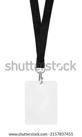 Blank badge mockup isolated on white background. Plain empty name tag mock up with black string.