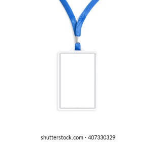 Blank Bagde Mockup Isolated On White. Plain Empty Name Tag Mock Up Hanging On Neck With String. Nametag With Blue Ribbon And Transparent Plastic Paper Holder. Badge  Clipping Path. Corporate Design.