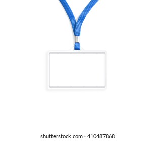 Blank Bagde Mockup Isolated On White Clipping Path. Plain Empty Name Tag Mock Up Hanging On Neck With String. Nametag With Blue Ribbon And Transparent Plastic Paper Holder. Corporate Design.