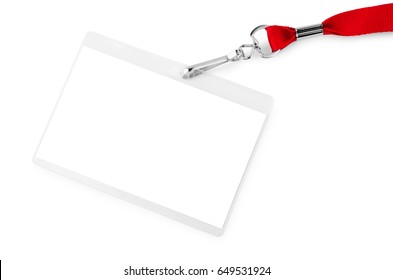 Blank bagde mockup isolated on white background. Nametag with red ribbon and transparent plastic paper holder.
