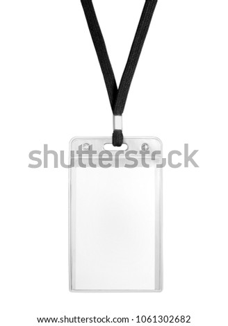 Blank bagde mockup isolated on white. Plain empty name tag mock up hanging on neck with string. Nametag with black ribbon and transparent plastic paper holder. 
