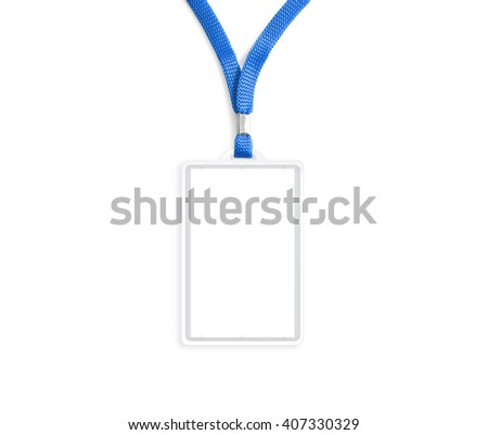 Blank bagde mockup isolated on white. Plain empty name tag mock up hanging on neck with string. Nametag with blue ribbon and transparent plastic paper holder. Badge  clipping path. Corporate design.