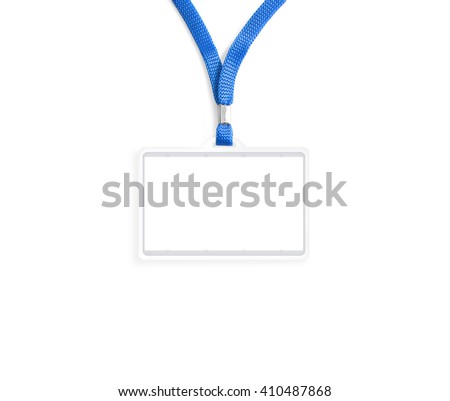 Blank bagde mockup isolated on white clipping path. Plain empty name tag mock up hanging on neck with string. Nametag with blue ribbon and transparent plastic paper holder. Corporate design.