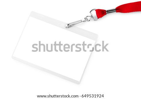 Blank bagde mockup isolated on white background. Nametag with red ribbon and transparent plastic paper holder.

