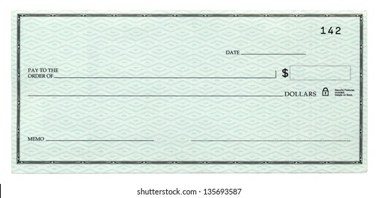 A Blank Banking Check, Isolated On White.