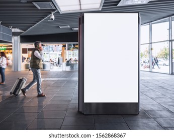 Blank Banner Light Box Mock Up Media Advertising In Train Station With People Traveling