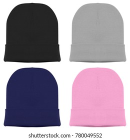 Blank beanie in four different color black grey pink blue navy in white background for mockup template isolated