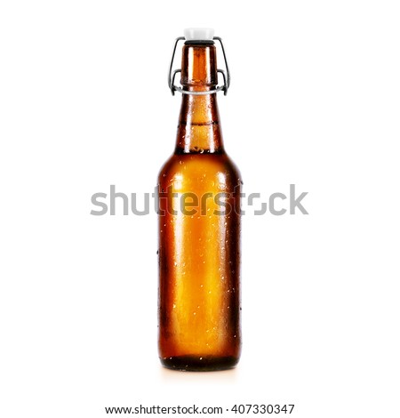 Blank beer bottle mockup without label, stand isolated. Clear alcohol beverage botle mock up with clipping path. Cold wet beer flask template front view. Brewery bottle label branding. Beer corporate.
