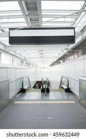 Blank Big Poster In Public Place. Billboard Mockup Near To Escalator In An Mall Or Shopping Center