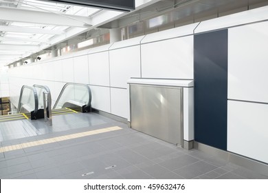 Blank Big Poster In Public Place. Billboard Mockup Near To Escalator In An Mall Or Shopping Center