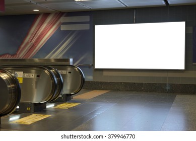 Blank Bill Board For Advertising In Front Of Escalator