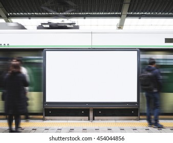 Blank Billboard Banner Light box in Subway station with blurred people Travel