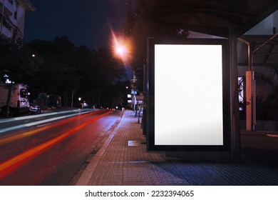 blank billboard bus stop night with lights cars passing by. Resolution and high quality beautiful photo