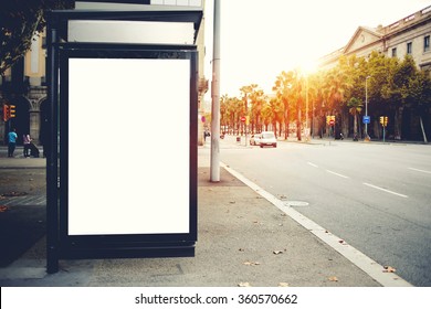 Blank Billboard With Copy Space For Your Text Message Or Content, Public Information Board On Roadside, Advertising Mock Up Empty Banner In Urban Areas On A Bus Stop, Clear Poster Outdoors 