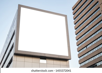 Blank Billboard Mockup For Advertising On A High Building Facade, Rotterdam City Netherlands Downtown, Copy Space