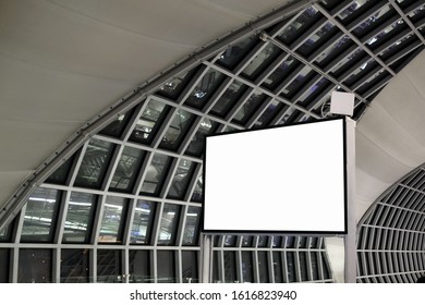 Blank Billboard Mockup Near To Escalator In Airport.