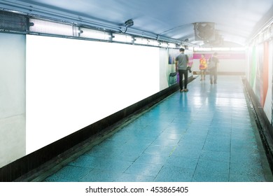 Blank Billboard Mocup Or Poster Located In Underground Hall,Business Billboard For Advertising,People Motion Blur