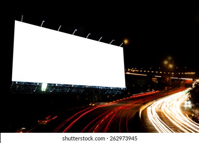 Blank Billboard At Night Time For Advertisement. Street Light .