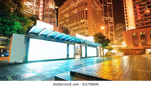 Blank Billboard On Bus Stop At Night