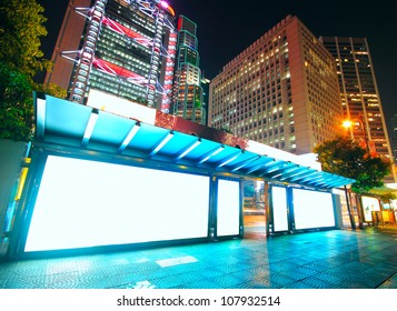 Blank Billboard On Bus Stop At Night