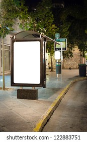 Blank Billboard On Bus Stop At Night