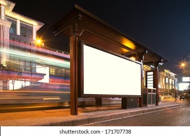 Blank Billboard On Bus Stop At Night 