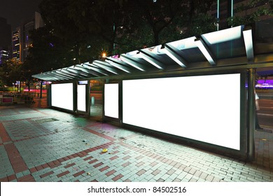 Blank Billboard On Bus Stop At Night