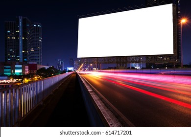 Blank Billboard On Light Trails, Street, City And Urban In The Night - Can Advertisement For Display Or Montage Product Or Business.