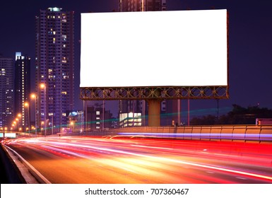 Blank Billboard On Light Trails, Street And Urban In The Night - Can Advertisement For Display Or Montage Product Or Business.