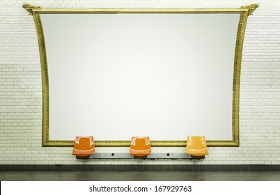 Blank Billboard In Paris Subway Station With Empty Chairs