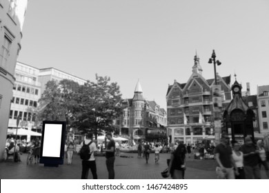 Blank Billboard Square Of The Crowd Or Outdoor Advertising Poster At Day Time For Advertisement. Yellow Background