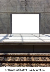 Blank Billboard, Train Station, Railway Tracks, White Mockup, Advertising Space