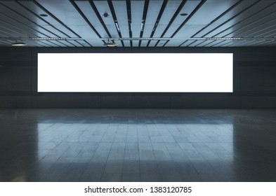 blank billboard white screen LED horizontal advertising banner board indoor in subway station ad interior public hall.