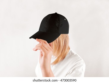 Blank Black Baseball Cap Mockup Template, Wear On Women Head, Isolated, Side View. Woman In Clear Grey Hat And T Shirt Uniform Mock Up Holding Visor Of Caps. Cotton Basebal Cap Design On Delivery Guy.