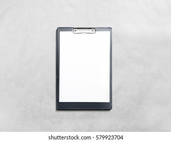 Blank Black Clipboard With White Pages Mockup, Isolated In Textured Background. Empty Document Holder Mock Up Lying On Grey Desk. Clear Clip Board Organizer Template. Office Stationery Notebook Design