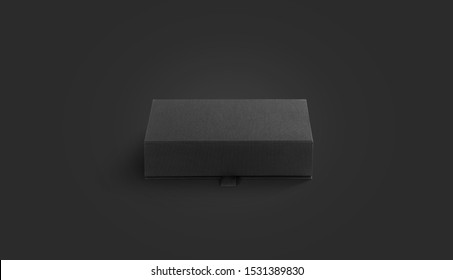 Blank Black Closed Fabric Box For Accessory Mockup, Darkness Background. Empty Dark Decorate Protector Mock Up, Front View. Clear Tissue Casing With Tag For Present Mokcup Template.