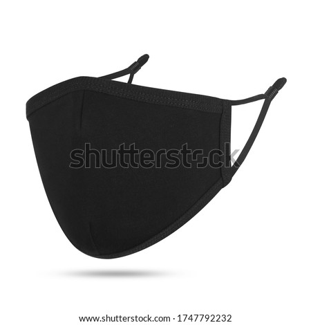 Blank black cotton reusable cloth mask isolated on white background. Front view. Empty surgical mask for mockup. Clear protective face mask for template & branding. Studio Photography