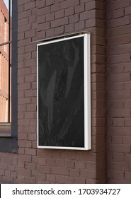 Blank Black Glass Rectangular Poster Mock Up Brick Wall Mounted. Empty Street Signage For Theater Or Bar Information Mockup. Clear Vertical Outdoor Banner For Advertise Or Promotion Mokcup Template.