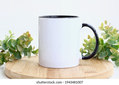 Blank Black Handle Mug Mockup Photo With Eucalyptus ,black Rim Mug On Wood Table