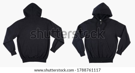 Blank black male hooded sweatshirt long sleeve with clipping path, mens hoody with zipped for your design mockup for print, isolated on white background. Template sport winter clothes.  Blank hoodie.