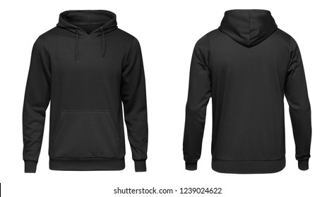 Blank black male hoodie sweatshirt long sleeve with clipping path, mens hoody with hood for your design mockup for print, isolated on white background. Template sport winter clothes.