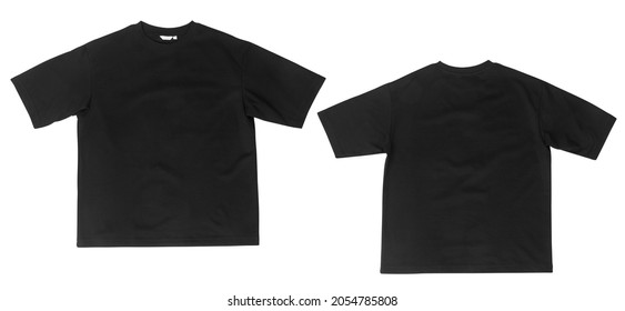 Blank black oversize t-shirt mockup front and back isolated on white background with clipping path. - Shutterstock ID 2054785808