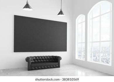 Blank Black Picture Above Leather Sofa In Empty Loft Room With Big Windows And City View, Mock Up, 3D Render