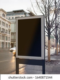 Blank black rectangular pylon stand on street mock up. Empty totem panel for advertisement or promotion mockup. Clear canvas frame or banner for company advert mokcup template.