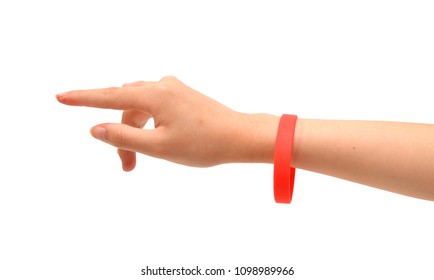 Blank Black, Red Rubber Wristband Mockup On Hand, Isolated. Clear Sweat Band Mock Up Design. Sport Sweatband Template Wear On Wrist Arm. Silicone Fashion Round Social Bracelet Wear On Hand. Unity Band