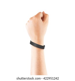 Blank black rubber wristband mockup on hand, isolated. Clear sweat band mock up design. Sport sweatband template wear on wrist arm.  Silicone fashion round social bracelet wear on hand. Unity band. - Shutterstock ID 422951242