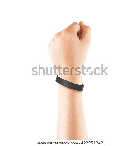 Blank black rubber wristband mockup on hand, isolated. Clear sweat band mock up design. Sport sweatband template wear on wrist arm.  Silicone fashion round social bracelet wear on hand. Unity band.