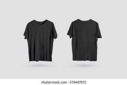 Blank Black T-shirt Front And Back Side View, Design Mockup. Clear Plain Cotton Tshirt Mock Up Template Isolated. Apparel Store Logo Branding Dress Mokc. Crew Shirt Mokcup Front And Backwards