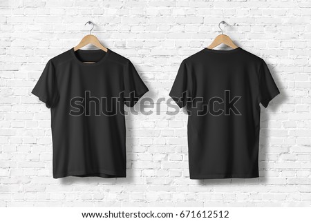 Blank Black T-Shirts Mock-up hanging on white wall, front and rear side view . Ready to replace your design