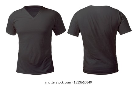 Blank Black V- Neck Shirt Mock Up Template, Front And Back View, Isolated On White, Plain V Neck T-shirt Mockup. Tee Sweater Sweatshirt Design Presentation For Print.
